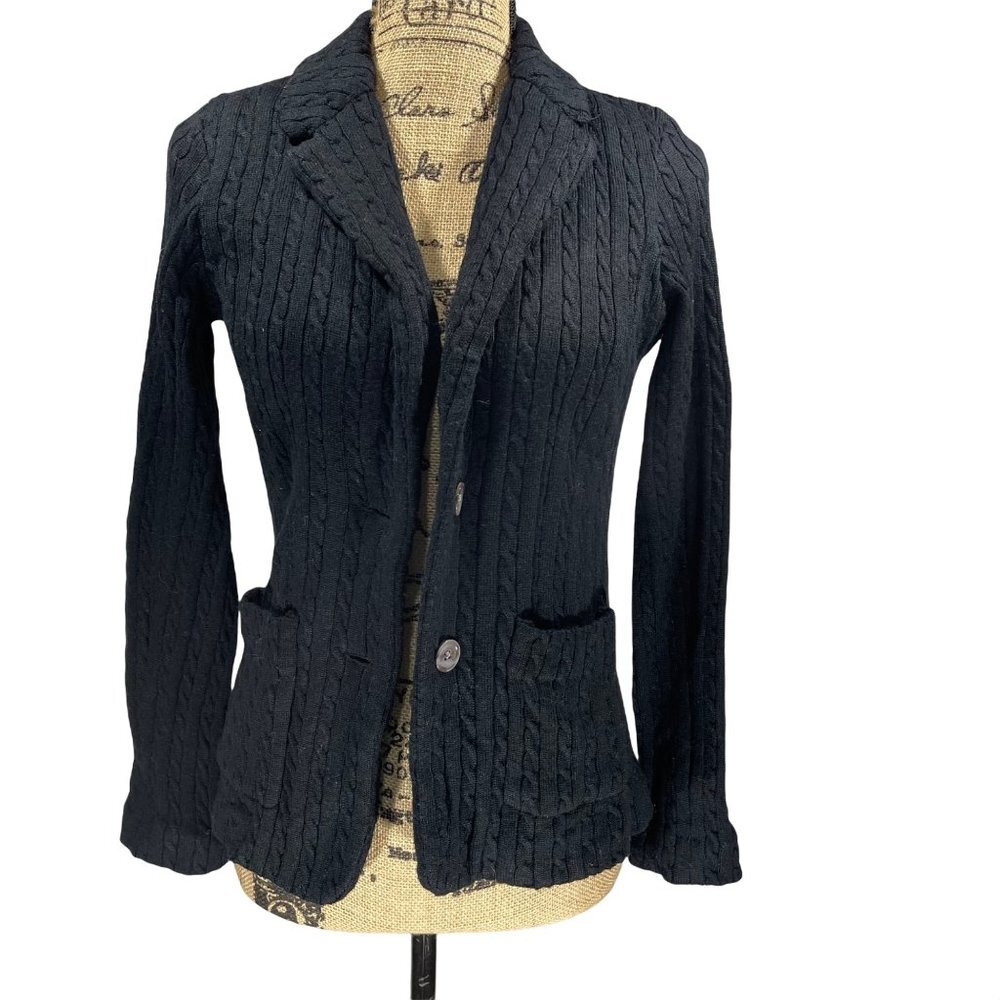Dialogue Wool Blend Black Cable Knit Button-up Sweater Blazer Size XS